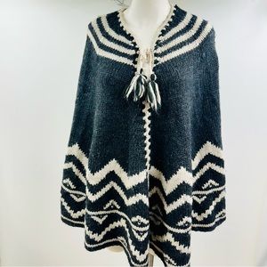 J Jill Poncho Sweater Gray White Tie Neck Wool Acrylic Blend Nordic One Size